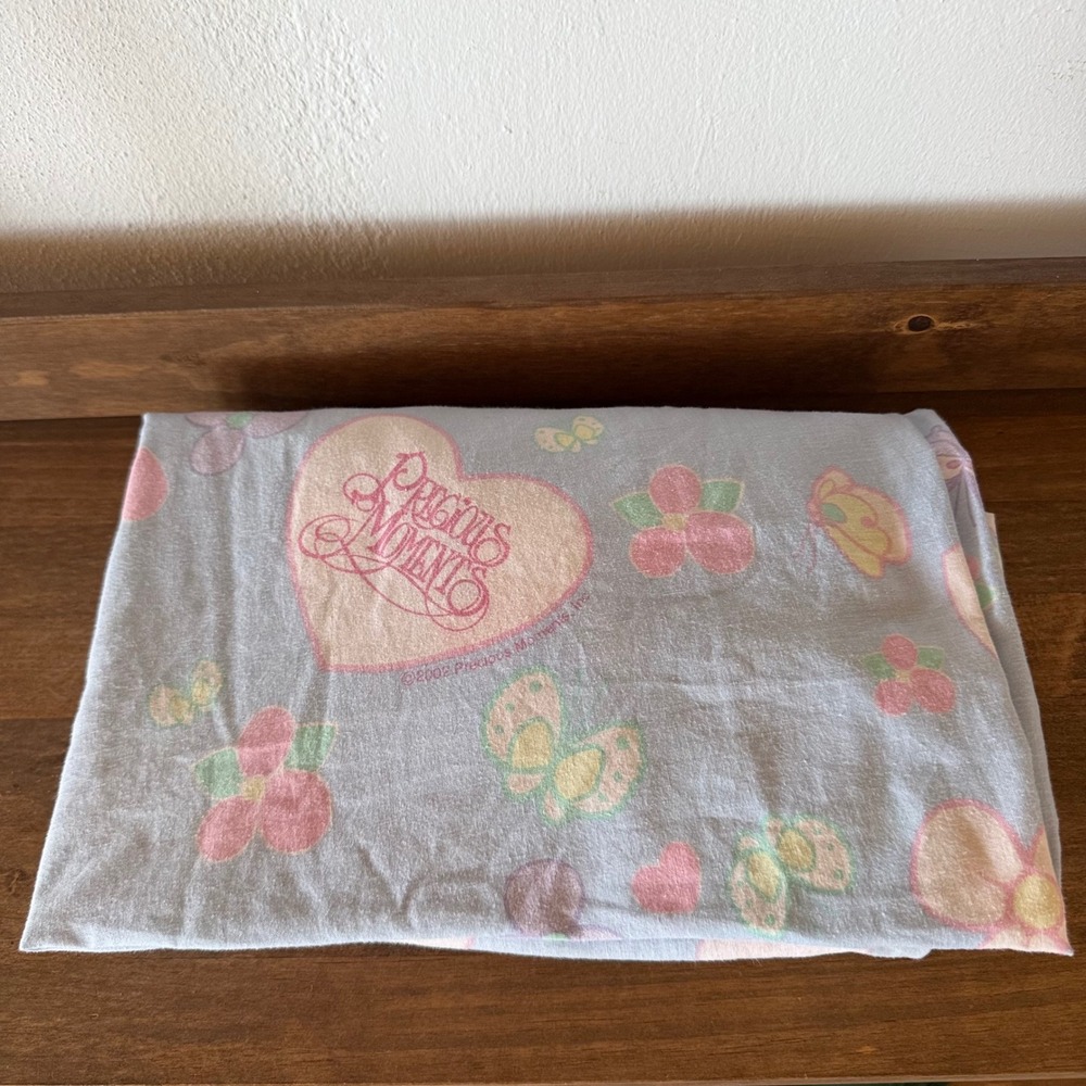 Vintage Precious Moments Twin Fitted Sheet Blue Hearts Flowers Franco 2002